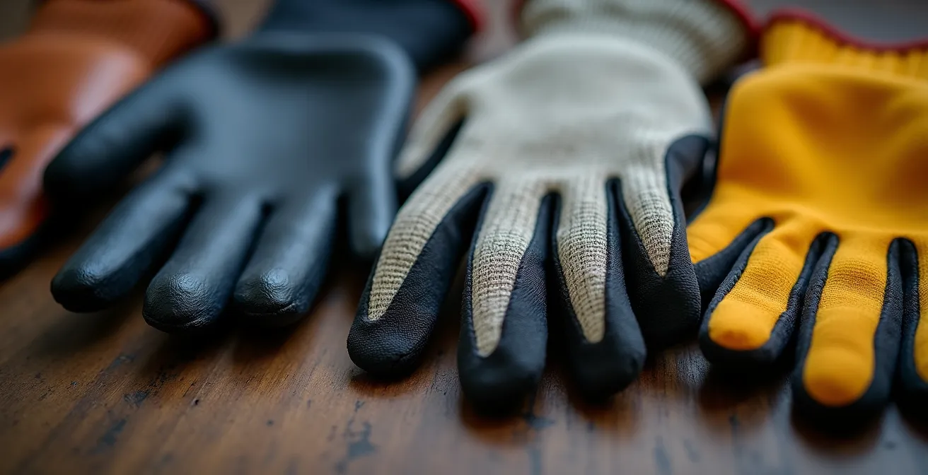 Divers types de gants de protection pour la serrurerie alignés sur un fond neutre