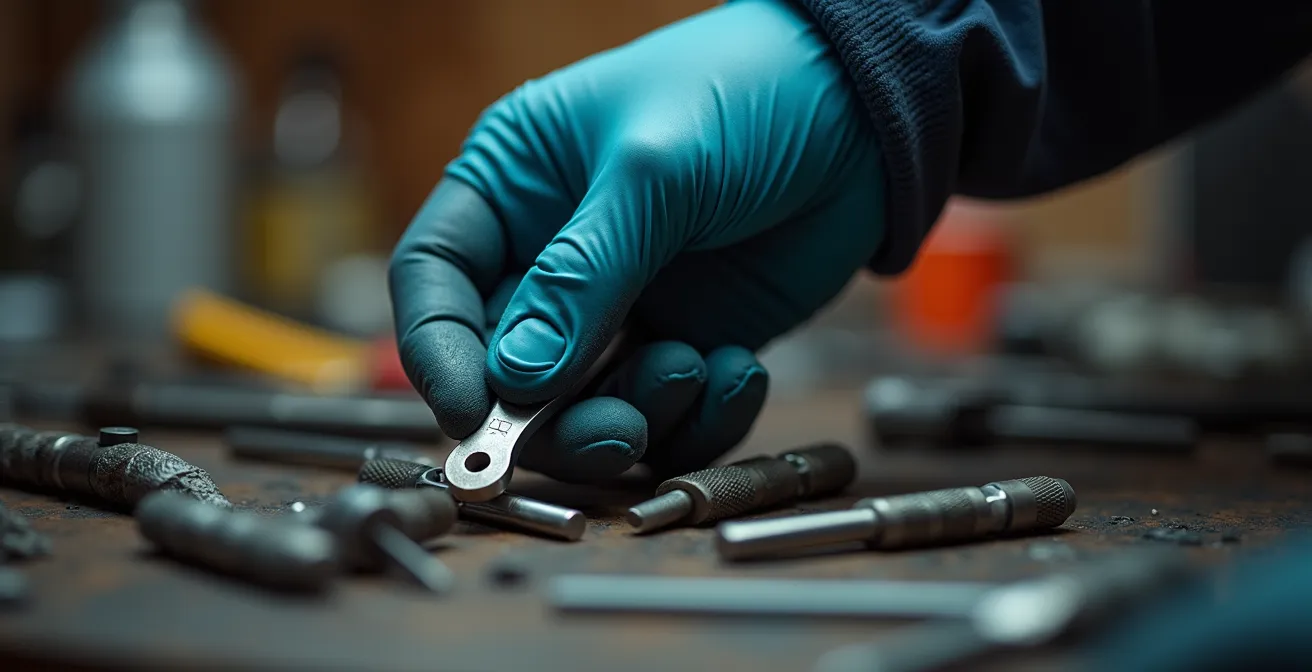 Main gantée manipulant des outils de serrurerie dans un atelier bien éclairé