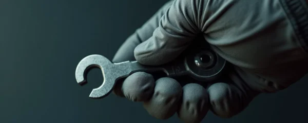 Photo en gros plan d'une main portant un gant de protection robuste manipulant une pièce métallique de serrurerie sous un éclairage cinématographique naturel