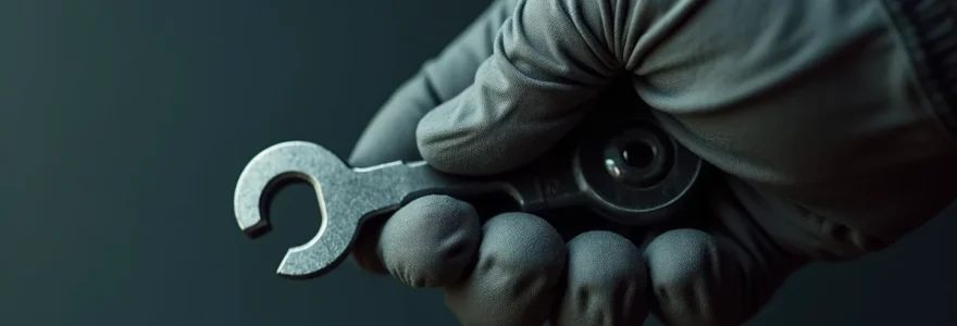 Photo en gros plan d'une main portant un gant de protection robuste manipulant une pièce métallique de serrurerie sous un éclairage cinématographique naturel